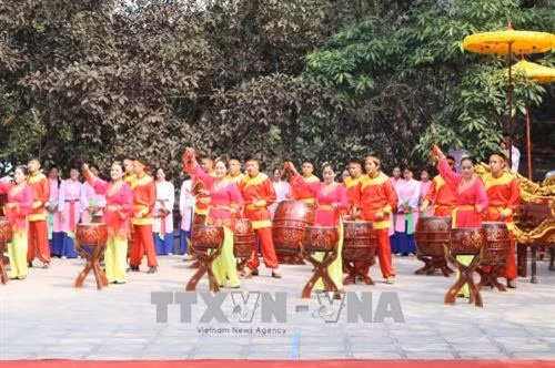 Biểu diễn trống hội tại Lễ hội Tây Thiên 2018. Ảnh: Nguyễn Thảo – TTXVN