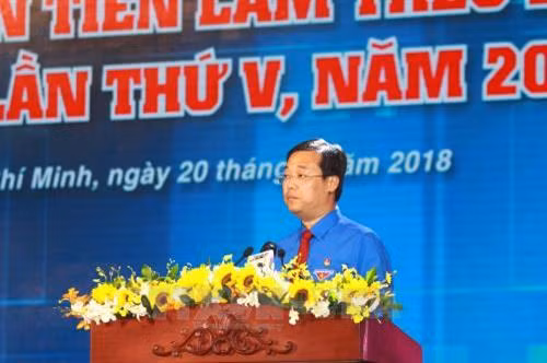 Đồng chí Lê Quốc Phong, Ủy viên dự khuyết Trung ương Đảng, Bí thư thứ nhất Trung ương Đoàn Thanh niên Cộng sản Hồ Chí Minh phát biểu tại lễ tuyên dương. Ảnh: Thanh Vũ-TTXVN