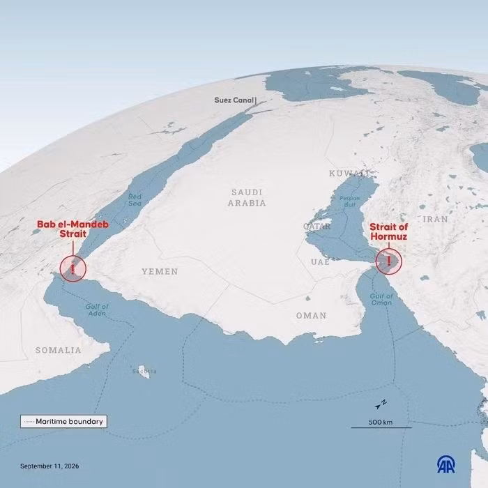 Đồ họa về “Eo biển Bab el-Mandeb và Eo biển Hormuz”, được thực hiện tại Ankara, Thổ Nhĩ Kỳ, ngày 11/9/2026. Ảnh: AA/TTXVN