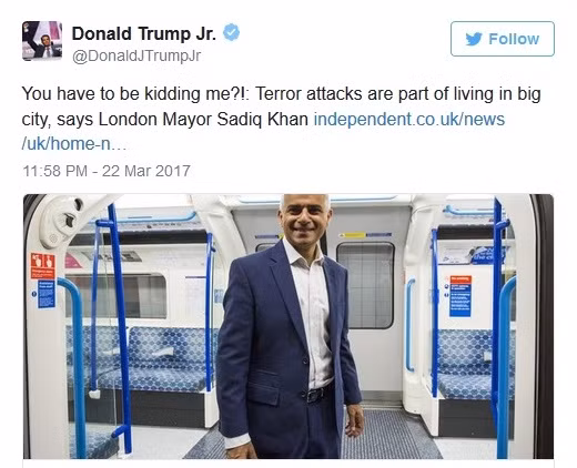 Con trai ông Trump lớn tiếng chỉ trích thị trưởng London sau vụ khủng bố ảnh 1