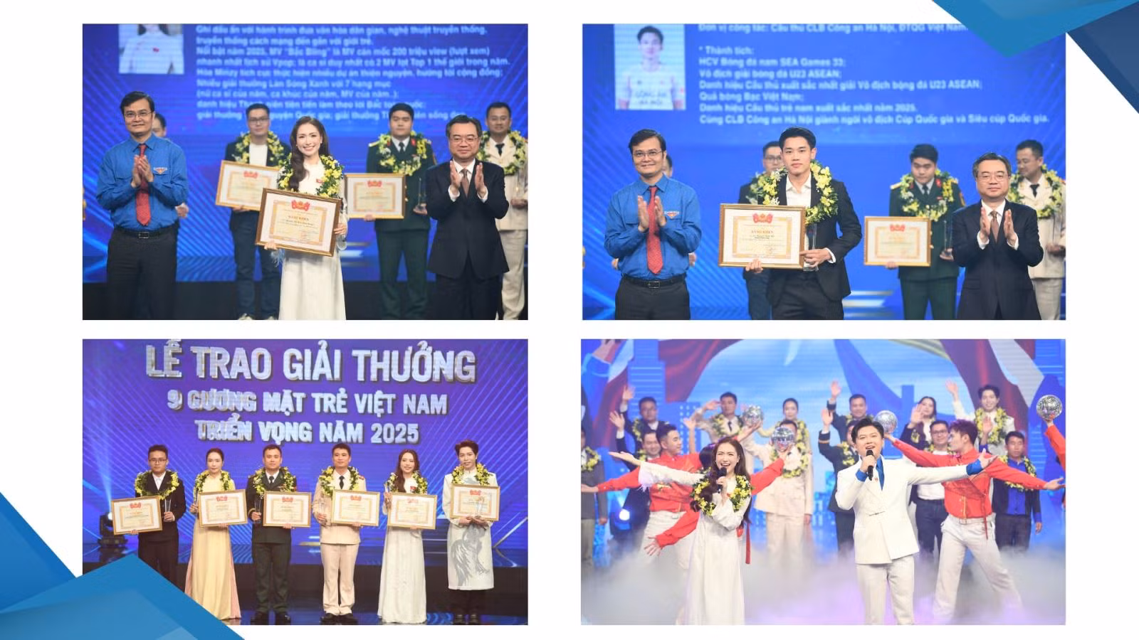 Ca sĩ Hoà Minzy, cầu thủ Nguyễn Đình Bắc vinh dự được trao giải thưởng Gương mặt trẻ Việt Nam tiêu biểu năm 2025.