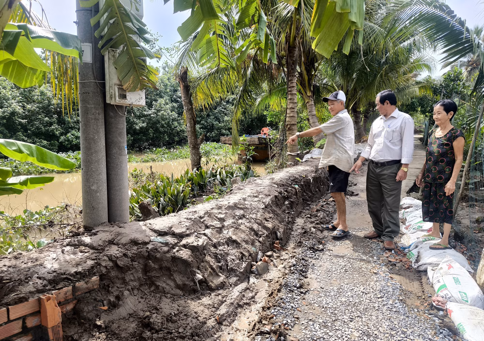 Người dân xã Chợ Lách tự gia cố bờ bao ứng phó triều cường. Ảnh: Lê Thúy Hằng/TTXVN