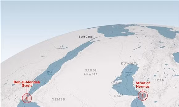 Đồ họa về eo biển Bab el-Mandeb và eo biển Hormuz. Ảnh: AA/TTXVN phát