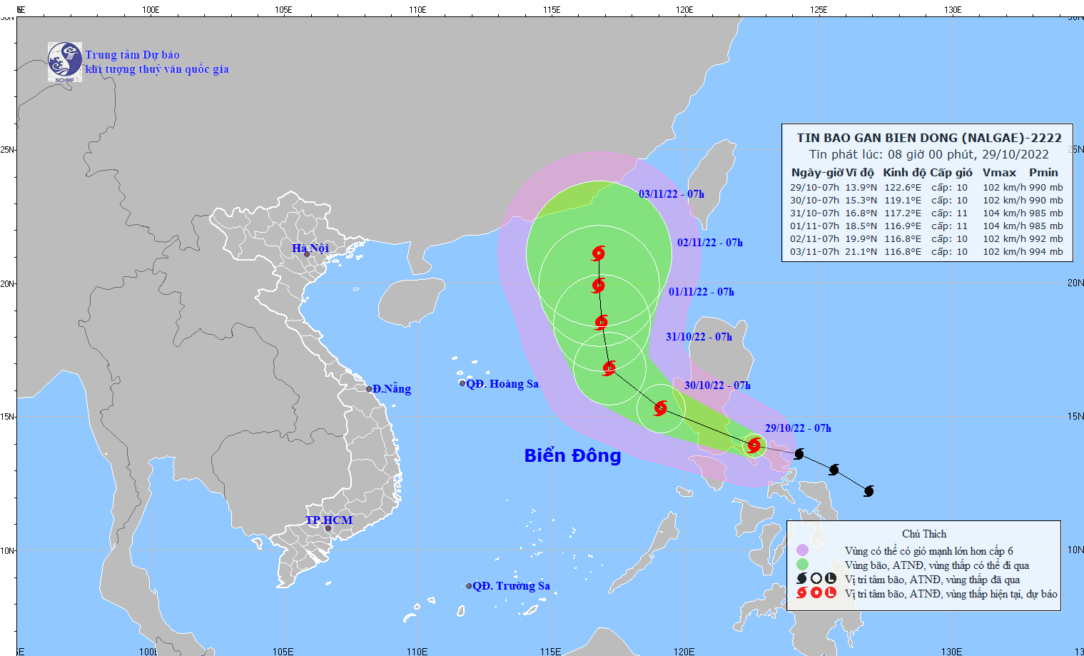 Đường di của báo NALGAE tính đến 8 giờ sáng ngày 29/10/2022. Ảnh: nchmf.gov.vn