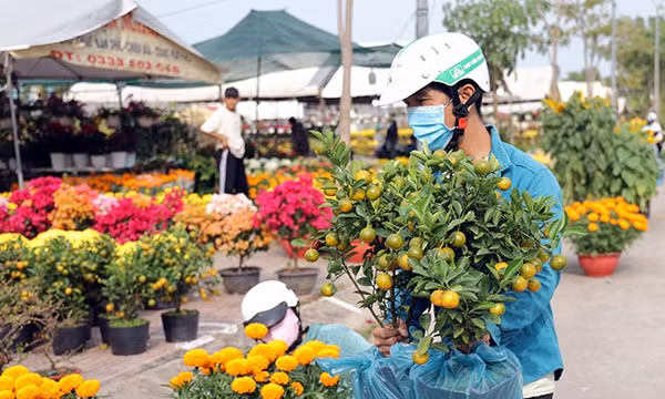 Người dân tấp nập mua sắm tại chợ hoa Xuân Tri Tôn (An Giang).