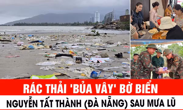 Rác thải 'bủa vây' bờ biển Nguyễn Tất Thành (Đà Nẵng) sau mưa lũ