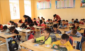 Mỗi lớp 1, 2 trường Phổ thông dân tộc bán trú Tiểu học nậm Lành, huyện Văn Chấn có thêm một trợ giảng hỗ trợ giáo viên và học sinh. Ảnh: TTXVN