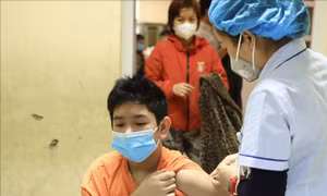  Tiêm vaccine cho trẻ em từ 12 tuổi trở lên trong sáng 30/1 tại trường tiểu học Lý Nam Đế. Ảnh: Hoàng Hiếu - TTXVN