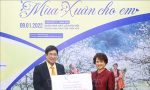Phó Tổng Giám đốc Công ty Cổ phần Sao Thái Dương Nguyễn Thị Hương Liên trao tặng Fomat chương trình “Tủ sách lớp học” cho Quỹ Bảo trợ trẻ em Việt Nam. Ảnh: TTXVN phát
