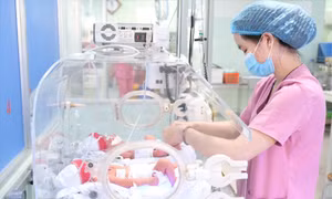 Hai bé trai đang được các bác sĩ tại khoa Nhi của Bệnh viện Hùng Vương theo dõi và chăm sóc. Ảnh: TTXVN phát