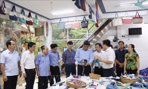 Thứ trưởng Bộ Nông nghiệp và Phát triển nông thôn Trần Thanh Nam cùng lãnh đạo tỉnh Hòa Bình và huyện Mai Châu thăm điểm giới thiệu và bán sản phẩm OCOP tại bản Lác, xã Chiềng Châu, huyện Mai Châu. Ảnh: Vũ Hà - TTXVN