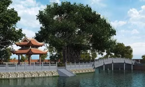 Phối cảnh công trình phục dựng tòa Phương Đình và tôn tạo gò Kim Châu tại hồ Văn. Ảnh: TTXVN phát 