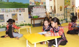Các em học sinh đọc sách tại thư viện. Ảnh: Đinh Thùy-TTXVN