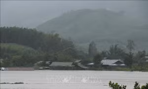 Mưa lớn, nước trong khu vực lòng hồ công trình thủy lợi Krông Pách Thượng có nguy cơ làm ngập lụt hàng trăm hộ dân xã Cư San, huyện M' Đrắk, tỉnh Đắk Lắk. Ảnh: Anh Dũng - TTXVN