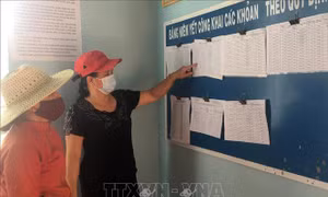 Người dân thôn 2, xã Hòa Khánh, thành phố Buôn Ma Thuột theo dõi danh sách công khai đối tượng được thụ hưởng Nghị quyết 68. Ảnh: TTXVN phát