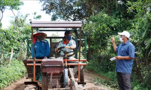 Ông Y Tôn Niê (đội mũ), buôn Gram A2, xã Cư Bao, thị xã Buôn Hồ chốt chặn trên tuyến đường liên buôn để thực hiện mô hình “thôn giữ lấy thôn, buôn giữ lấy buôn”. Ảnh: Tuấn Anh – TTXVN