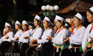 Trình diễn các tiết mục văn hóa phi vật thể tiêu biểu của dân tộc Mường tỉnh Hòa Bình. Ảnh: Trọng Đạt-TTXVN