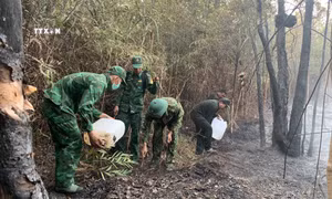 Cán bộ, chiến sĩ Đồn Biên phòng Xà Lực tham gia chữa cháy rừng trên đảo Phú Quốc. Ảnh: TTXVN phát