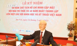 Tổng Bí thư Nguyễn Phú Trọng phát biểu tại Lễ kỷ niệm 60 năm Chủ tịch Hồ Chí Minh gặp mặt đội ngũ trí thức (18/5/1963-18/5/2023) và 40 năm Ngày thành lập Liên hiệp các Hội Khoa học và Kỹ thuật Việt Nam (26/3/1983-26/3/2023). Ảnh: Trí Dũng –TTXVN