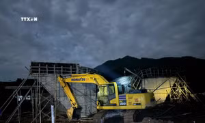 Hiện trường vụ sập hầm chui dân sinh thuộc dự án cao tốc Tuyên Quang - Hà Giang. Ảnh: Quang Cường-TTXVN