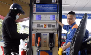 Mua bán xăng, dầu tại một điểm kinh doanh xăng, dầu Petrolimex trên địa bàn Hà Nội. Ảnh: Trần Việt - TTXVN