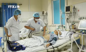 Các bác sĩ Viện Y học Biển Việt Nam thăm khám cho bệnh nhân. Ảnh: Minh Thu - TTXVN