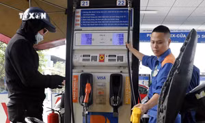Mua bán xăng, dầu tại một điểm kinh doanh xăng, dầu Petrolimex trên địa bàn Hà Nội. Ảnh: Trần Việt - TTXVN