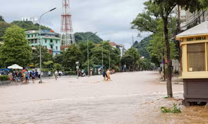 Lực lượng Cảnh sát giao thông, Công an thành phố Sơn La, giúp người dân đi qua đoạn đường bị ngập nước ở khu vực đường Trường Chinh, phường Quyết Thắng. Ảnh: Nguyễn Cường - TTXVN