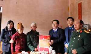Trưởng Ban Tuyên giáo Trung ương Nguyễn Trọng Nghĩa tặng quà, chúc Tết gia đình ông Dương Tiến Cửu, sinh năm 1950 là thương binh hạng ¼ ở xóm Hin, xã Xuân Phương, huyện Phú Bình. Ảnh: Quân Trang-TTXVN