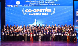 Bí thư Trung ương Đảng, Phó Thủ tướng Chính phủ Lê Minh Khái chụp ảnh chung với 100 HTX tiêu biểu năm 2024. Ảnh: Huy Hùng - TTXVN