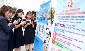 Cán bộ, nhân viên các cơ quan trên địa bàn tỉnh Điện Biên cài đặt ứng dụng "Điện Biên Smart". Ảnh: Trung Kiên - TTXVN