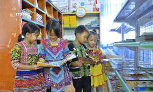 Các cháu học sinh cho trường PTDT bán trú tiểu học Pà Vầy Sủ, huyện Xín Mần, tỉnh Hà Giang bên tủ sách. Ảnh: Minh Đức – TTXVN