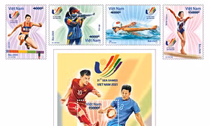 Bộ tem có 4 mẫu tem và 1 bloc giới thiệu một số môn thể thao thế mạnh của Việt Nam. Ảnh: vietnamstamp.com.vn