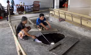 “Hố tử thần” tại sân của gia đình anh Lương Văn Bình, bản Na Noong, xã Châu Hồng (Quỳ Hợp, Nghệ An). Ảnh: Văn Tý - TTXVN
