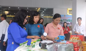 Các đại biểu tham quan sản phẩm của nông dân sản xuất, kinh doanh giỏi. Ảnh: Nhật Bình - TTXVN