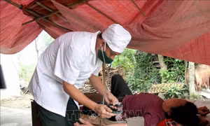 Cán bộ quân y Đồn biên phòng Phúc Sơn (huyện Anh Sơn) đến thăm khám tận nhà cho những người già neo đơn, người khuyết tật không thế đến trạm xá khám. Ảnh: Văn Tý-TTXVN