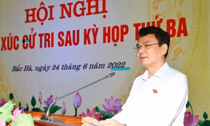 Đồng chí Đặng Xuân Phong, Ủy viên Ban Chấp hành Trung ương Đảng, Bí thư Tỉnh ủy, Trưởng đoàn đại biểu Quốc hội tỉnh Lào Cai phát biểu tại Hội nghị. Ảnh: Quốc Khánh - TTXVN