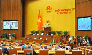 Tiếp tục Kỳ họp thứ hai, Quốc hội khóa XV, sáng 28/10/2021, Quốc hội thảo luận trực tuyến về dự án Luật Thi đua, khen thưởng (sửa đổi). Ảnh: TTXVN