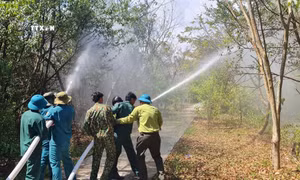 Thực hành phương án phòng cháy chữa cháy tại Khu Bảo tồn loài - sinh cảnh Vườn chim Bạc Liêu. Ảnh: TTXVN