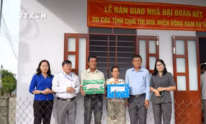 Cụm thi đua Ủy ban Mặt trận Tổ quốc Việt Nam các tỉnh Đông Nam Bộ trao nhà cho các hộ dân. Ảnh: Hồng Hiếu - TTXVN