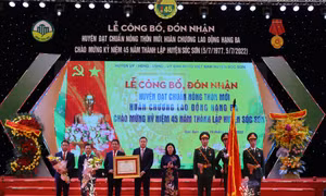 Thừa ủy quyền của Chủ tịch nước, Ủy viên Trung ương Đảng, Phó Bí thư Thường trực Thành ủy Hà Nội Nguyễn Thị Tuyến trao Huân chương Lao động hạng Ba cho Đảng bộ, chính quyền và nhân dân huyện Sóc Sơn.