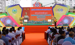 Quang cảnh lễ công bố quyết định và trao bằng công nhận đạt chuẩn nông thôn mới nâng cao cho hai xã Minh Khai và Lại Yên.