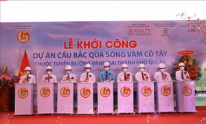 Các đại biểu thực hiện nghi thức nhấn nút, khởi công dự án. Ảnh: Bùi Giang – TTXVN
