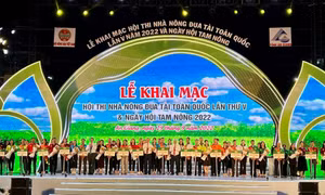 Các đội thi Nhà nông đua tài toàn quốc lần thứ V năm 2022 ra mắt trong đêm khai mạc. Ảnh: Thanh Sang - TTXVN