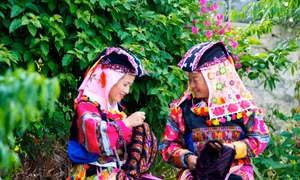 Những người phụ nữ Lô Lô tự may, thêu trang phục cho mình. Ảnh: Nam Thái – TTXVN
