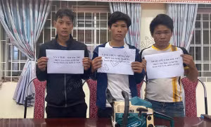 Ba đối tượng Vàng A Tho, Vàng A Đua và Thào A Pua cùng công cụ phá rừng. Ảnh: TTXVN phát