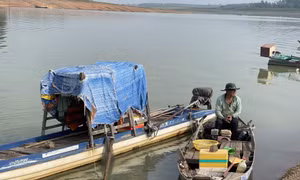 Nước hồ rút cạn khiến cá trong hồ chết hết, ngư dân không đánh bắt được cá, không có thu nhập hàng ngày. Ảnh: Lê Xuân-TTXVN