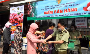 Hàng chục tấn Vải thiều Bắc Giang được tiêu thụ tại các địa phương của tỉnh Hà Giang. Ảnh: Minh Tâm-TTXVN