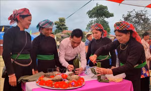 Đại biểu cùng bà con thôn Bo gói bánh trưng tại ngày hội. Ảnh: Quốc Khánh – TTXVN