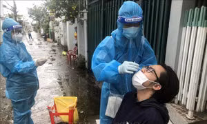 Đội lấy mẫu phường Vĩnh Quang, thành phố Rạch Giá, đến từng hộ dân để thực hiện xét nghiệm sàng lọc SARS-CoV-2. Ảnh: Lê Sen - TTXVN